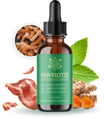 PawBiotix dog probiotic powder jar with 5 strains, a 60-day supply